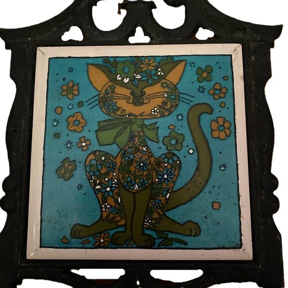 MCM Holt Howard Groovy 1970's Cat Tile Cast Iron Trivet, Wall Decor - Picture 3 of 10